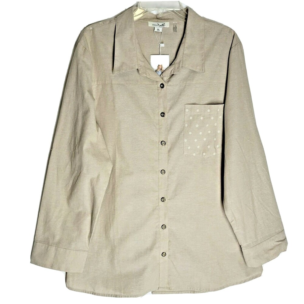 NWT Simply Noelle Women's Blouse Tan Rolled Tap Sleeve Button Down Plus Size XXL